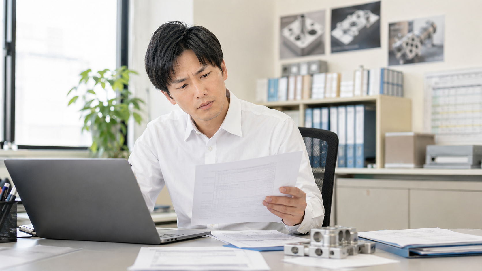 取引先の廃業連絡を受け、書類を確認しながら考え込むメーカーの購買担当者